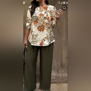 Elegant Olive Green Wide Leg Pants And Top.